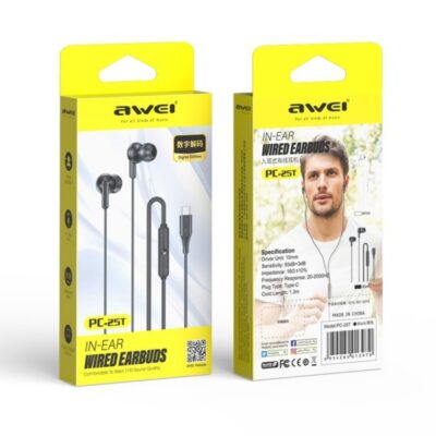 Juodos ausinės Awei PC-25T USB-C su laidu ir į ausį įstatomomis ausų kištukais