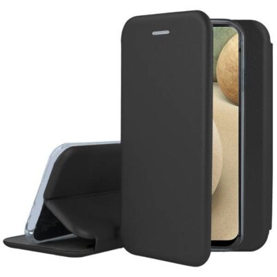 Juodos spalvos atverčiamas dėklas Samsung Galaxy A125 A12 Book Elegance atidarytas ir pastatytas laikyti telefonui