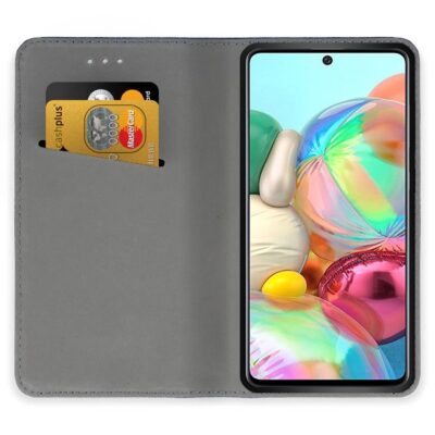 Juodos spalvos atverčiamas dėklas Samsung Galaxy A715 A71 su kortelių kišenėmis