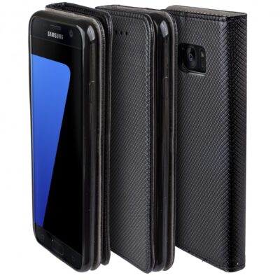 Juodos spalvos atverčiamas dėklas Samsung Galaxy G930 S7 smart magnet su tekstūruota paviršiaus medžiaga