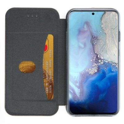 Juodos spalvos atverčiamas dėklas Samsung Galaxy G981 S20 Book Elegance su dešinėje laikomu telefonu ir kortele kairėje pusėje