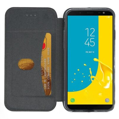 Juodos spalvos atverčiamas dėklas Samsung Galaxy J600 J6 2018 su kortelių laikikliu
