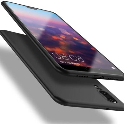 Juodos spalvos dėklas Huawei P20 X-level Guardian matomas iš abiejų pusių ant balto fono