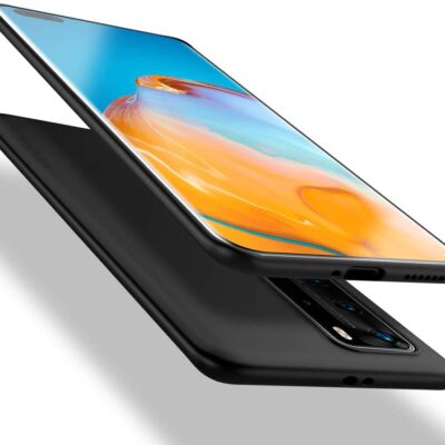 Juodos spalvos dėklas Huawei P40 Pro telefonui, matomas iš dviejų kampų su išorine apsauga