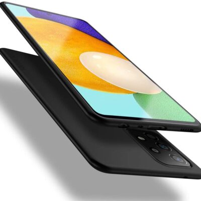 Juodos spalvos deklas Samsung Galaxy A525 A52 4G su ekranu ir kamera matomi is dvieju kampu