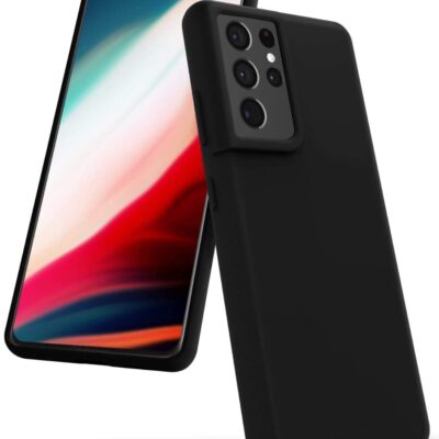 Juodos spalvos dėklas Samsung Galaxy S21 Ultra Mercury Silicone su matiniu paviršiumi ir atidarytu ekranu