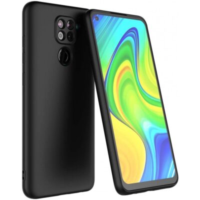 Juodos spalvos dėklas Xiaomi Redmi Note 9 X-level Dynamic, matomas viršutinė ir galinė telefono dalis su juodu plonu dėklu