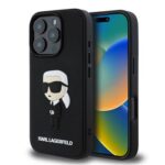 Juodas originalus dėklas Karl Lagerfeld 3D Rubber Ikonik telefonui Apple iPhone 16 Pro su 3D figūra ir logotipu
