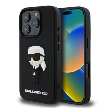 Juodas originalus dėklas Karl Lagerfeld 3D Rubber Ikonik telefonui Apple iPhone 16 Pro su 3D figūra ir logotipu