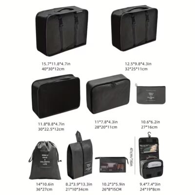 Lagamino daiktų organizatoriaus rinkinys Reach TravelSet juodos spalvos įvairių dydžių maišeliai ir dėklai