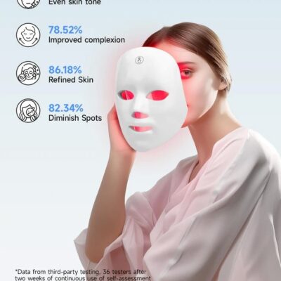 LED veido kaukė Reach FC1 laikoma prie moters veido, matyti raudonas LED šviesos efektas