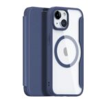 Mėlynas atverčiamas dėklas Apple iPhone 15 su permatomu nugarėle ir apsauginiu žiedu aplink kamerą