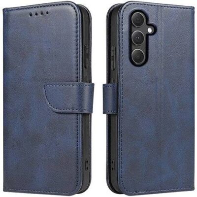 Mėlynas atverčiamas dėklas Samsung A556 A55 5G Wallet su magnetiniu užsegimu ir kamerų dangteliu