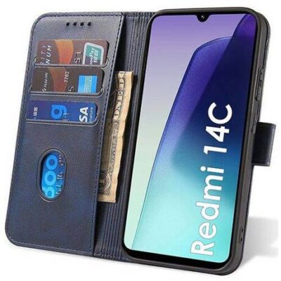 Mėlynas atverčiamas dėklas Xiaomi Redmi 14C su kortelių bei pinigų skyreliais