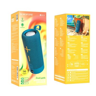 Mėlynas bluetooth nešiojamas garsiakalbis Borofone BR19 su valdymo mygtukais ir rankena