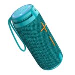 Mėlynas Bluetooth nešiojamas garsiakalbis Borofone BR24 su mėlynu audiniu ir oranžiniais garsumo mygtukais