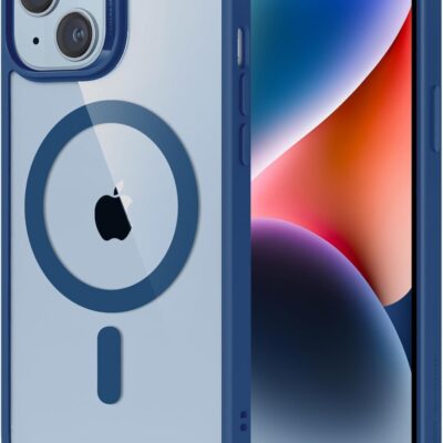 Mėlynas dėklas Apple Iphone 14 Premium Mag Cover su apvaliu magnetu ir skaidriu dizainu