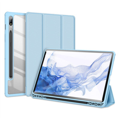 Mėlynas dėklas Samsung Tab S8 ir Tab S7 su tekstūruota išorine dalimi ir permatomu nugarėlės skydu