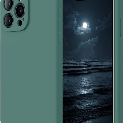 Mėtos spalvos dėklas Apple iPhone 15 Pro Max Liquid Silicone su trimis kameromis priekiniame ir galiniame vaizde