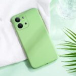 mėtos spalvos dėklas xiaomi redmi 15c 4g liquid silicone 1.5mm ant stalo su balta medžiaga