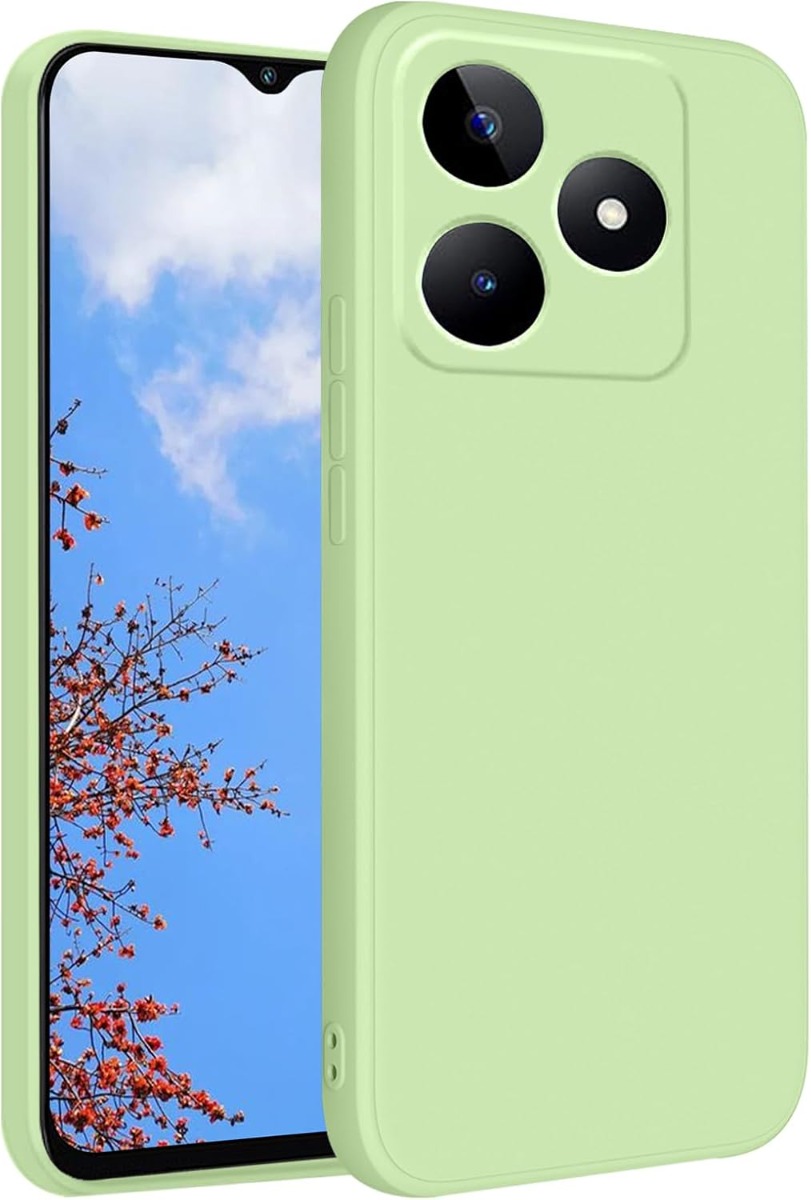 Mėtos spalvos dėklas Xiaomi Redmi Note 14 4G Liquid Silicone 1.5mm Mėtos spalvos dėklas Xiaomi Redmi Note 14 4G Liquid Silicone 1.5mm aplink telefoną, matomas telefono ekranas ir trys juodi kameros objektyvai