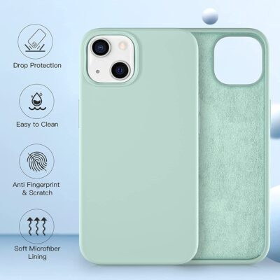 Mėtos spalvos silikoninis dėklas Apple iPhone 13 Liquid Silicone 1.5mm su minkštu mikropluošto pamušalu