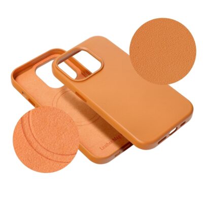 Oranžinis dėklas Apple iPhone 14 Mag Leather, matinis paviršius ir vidinė apdaila