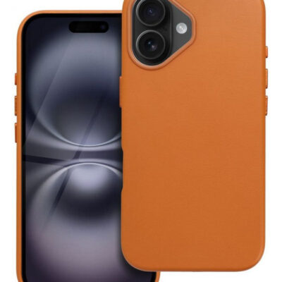 Oranžinis dėklas Apple iPhone 16 Mag Leather, skirtas apsaugoti telefoną nuo smūgių ir įbrėžimų