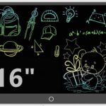 Piešimo planšetė Reach 16 colių su įvairiais piešiniais ir matematinėmis figūromis juodame ekrane.