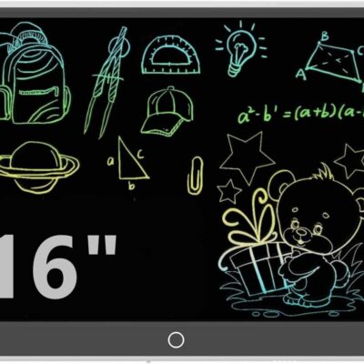 Piešimo planšetė Reach 16 colių su įvairiais piešiniais ir matematinėmis figūromis juodame ekrane.