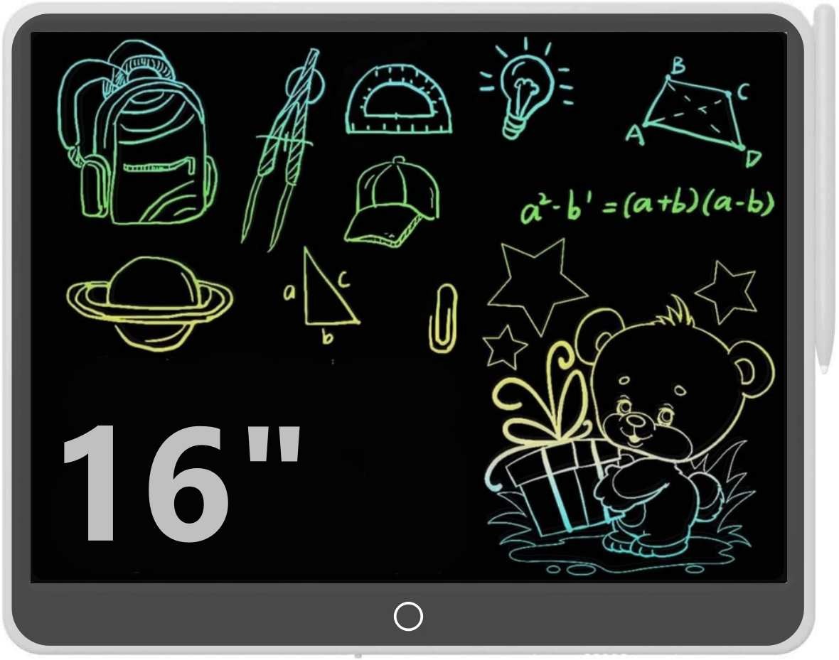 Piešimo planšetė Reach 16 Piešimo planšetė Reach 16 colių su įvairiais piešiniais ir matematinėmis figūromis juodame ekrane.