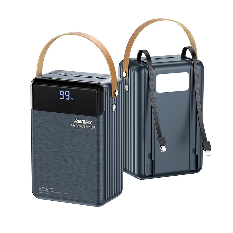 Pilka išorinė baterija Power Bank Remax RPP-566 Pilka išorinė baterija Power Bank Remax RPP-566 22.5W 80000mAh su skaitmeniniu baterijos procento indikatoriumi ir rankena