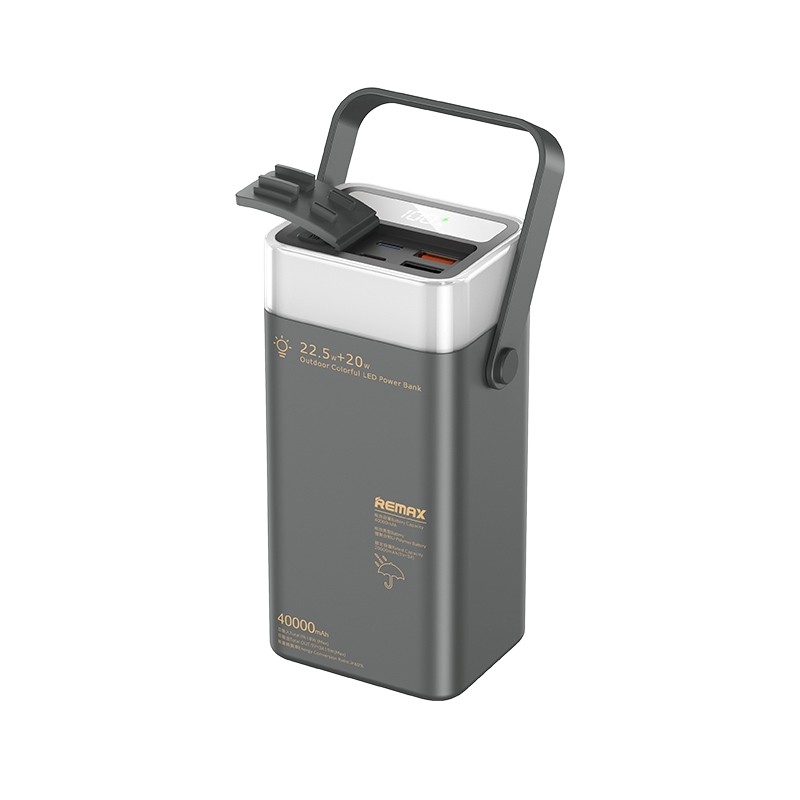 Pilka išorinė baterija Power Bank Remax RPP-596 22.5W 40000mAh Pilka išorinė baterija Power Bank Remax RPP-596 22.5W 40000mAh su nešiojamu rankenos laikikliu ir keletu USB prievadų viršuje