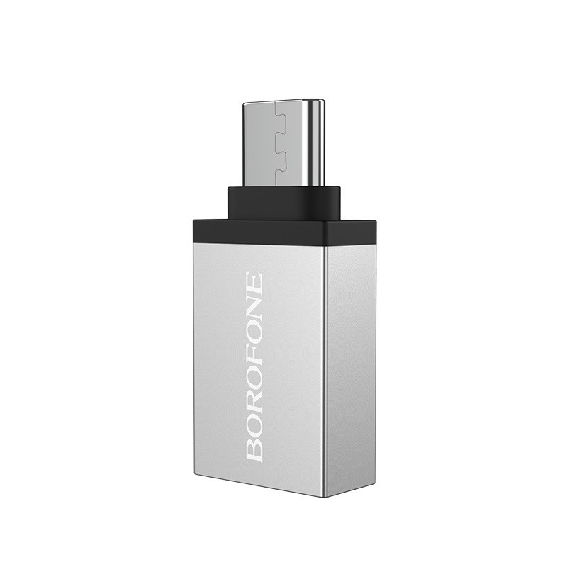Pilkas adapteris Borofone BV3 Pilkas adapteris Borofone BV3 Type-C OTG su metaliniu korpusu ir juodais elementais