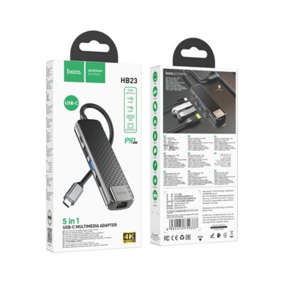Pilkas adapteris Hoco HB23 Easy View USB-C to HDMI su USB 3.0, USB 2.0 ir RJ45 jungtimis