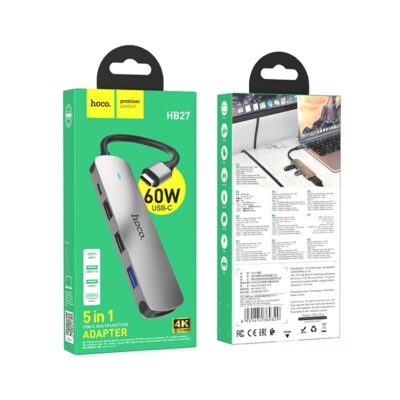 Pilkas adapteris Hoco HB27 Type-C Multi-Function Converter su USB-C, USB3.0 ir HDMI jungtimis