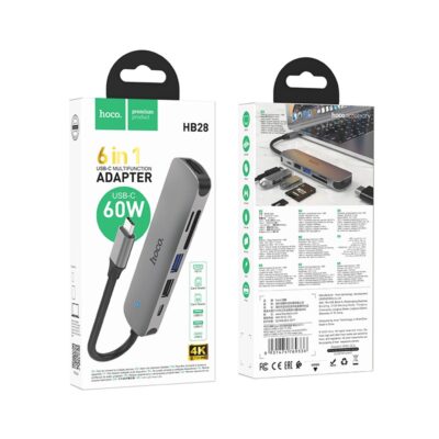 Pilkas adapteris Hoco HB28 Type-C Multi-Function Converter HDMI USB3 0 USB2 0 SD TF PD dėžutėje