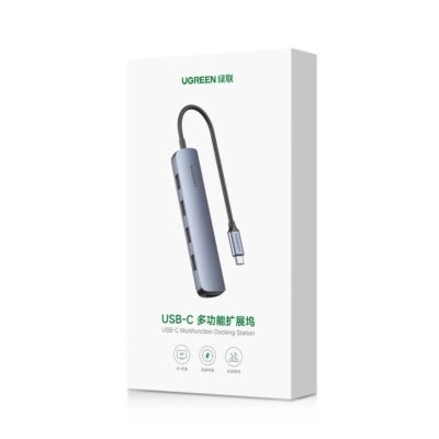 Pilkas adapteris Ugreen CM417 USB-C to 4xUSB-A su HDMI prievadais ant baltos pakuotės