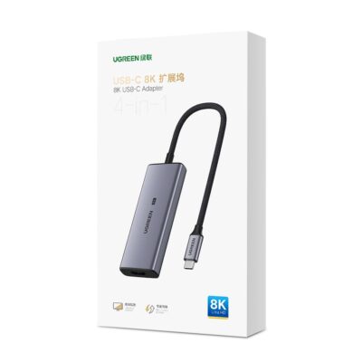 Pilkas adapteris Ugreen CM500 USB-C to 3xUSB-A ir HDMI 2.1 baltame fone