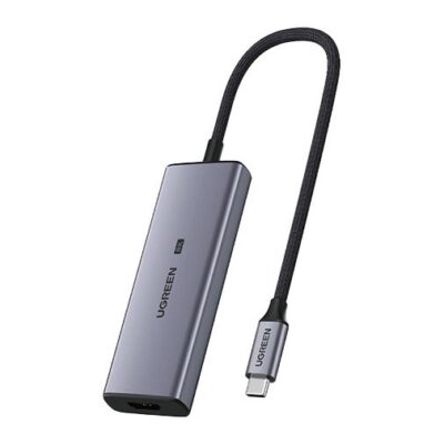 Pilkas adapteris Ugreen CM500 USB-C to 3xUSB-A ir HDMI 2.1 su tvirtu laidu