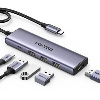 Pilkas adapteris Ugreen CM511 USB-C to HDMI 1.4 su trimis USB-A ir vienu USB-C PD100W jungtimis