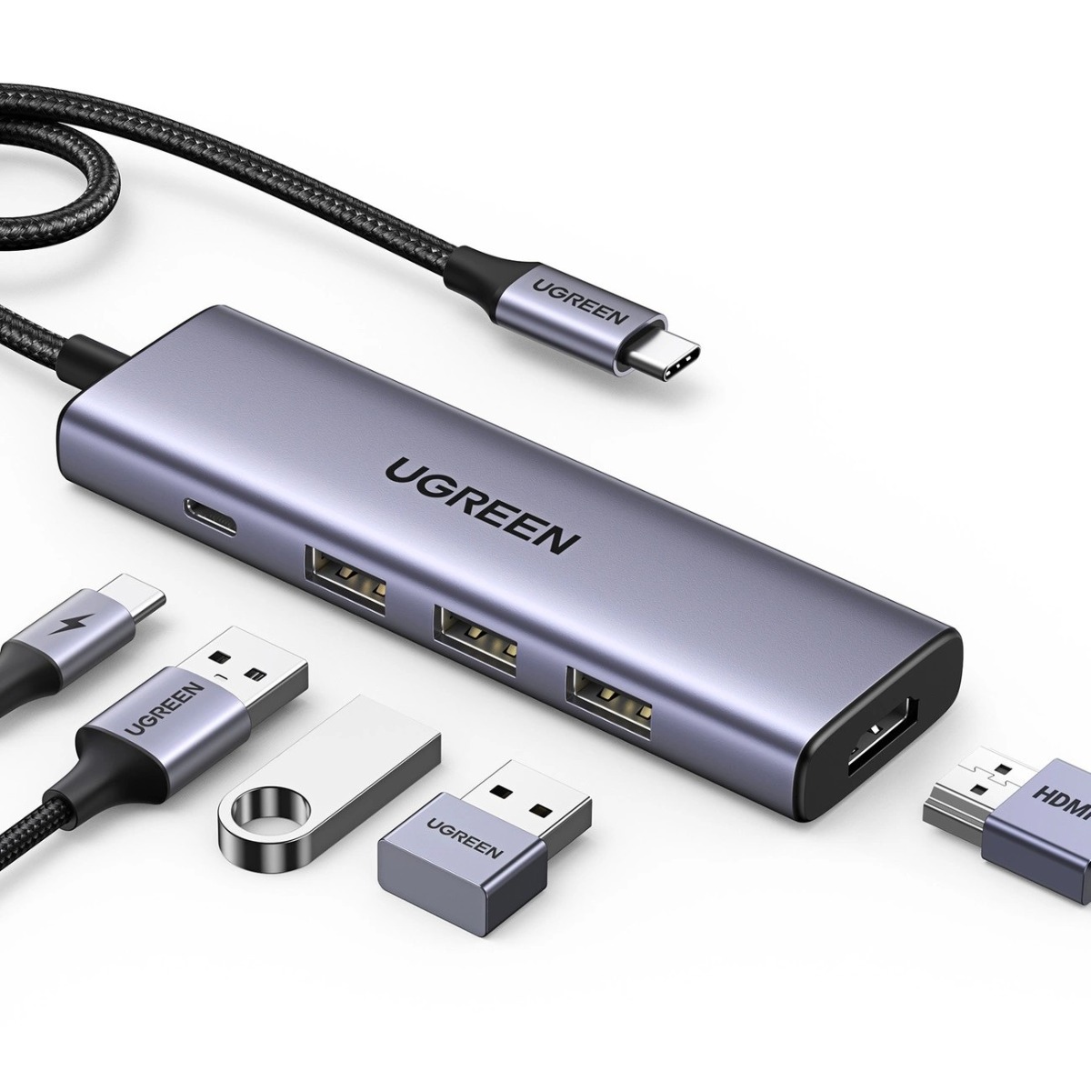 Pilkas adapteris Ugreen CM511 USB-C to HDMI 1.4 Pilkas adapteris Ugreen CM511 USB-C to HDMI 1.4 su trimis USB-A ir vienu USB-C PD100W jungtimis