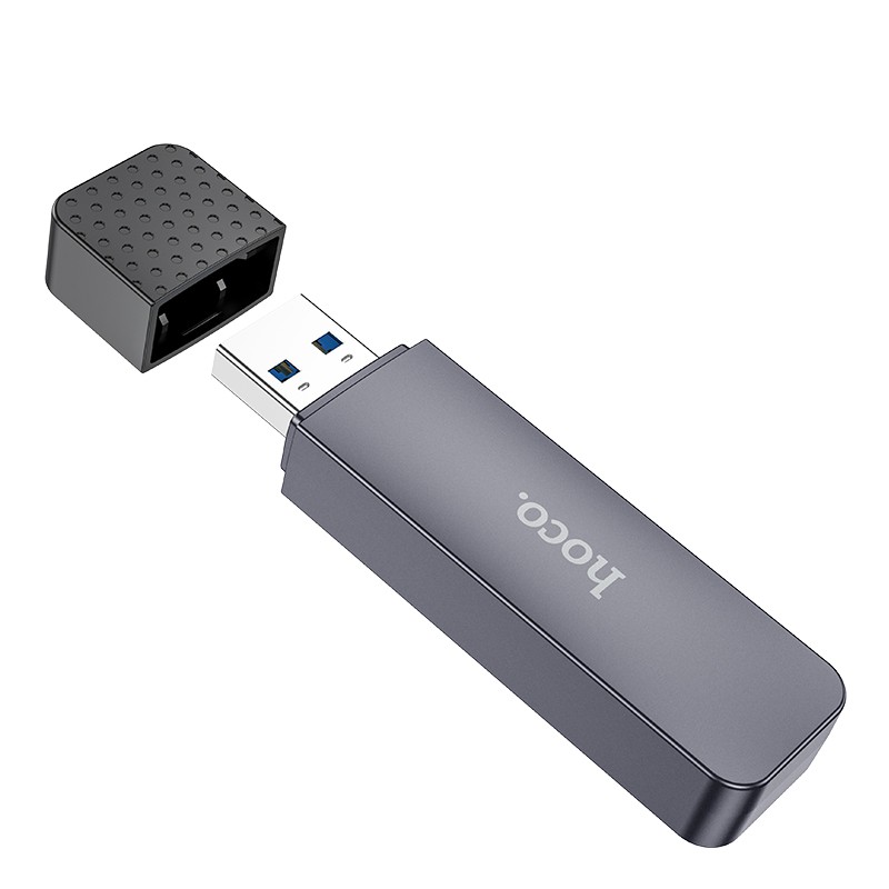 Pilkas atminties kortelių skaitytuvas Hoco HB45 2-in-1 USB2.0 Pilkas atminties kortelių skaitytuvas Hoco HB45 2-in-1 USB2.0 su nuimamu dangteliu