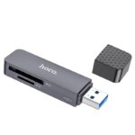 Pilkas atminties korteliu skaitytuvas Hoco HB45 2-in-1 USB3.0 su nuimamu juodu dangteliu