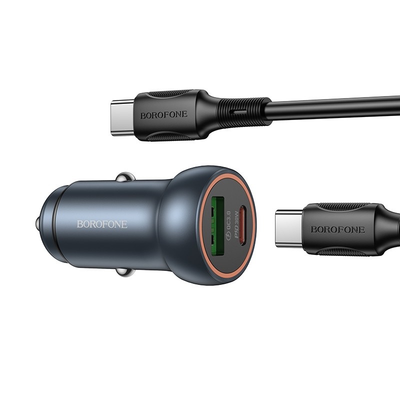 Pilkas automobilinis ikroviklis Borofone BZ32A USB-C USB-A 30W su kabeliu Pilkas automobilinis ikroviklis Borofone BZ32A su USB-C ir USB-A jungtimis bei USB-C i Lightning kabelis