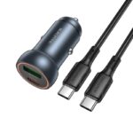 Pilkas automobilinis įkroviklis Borofone BZ32A su USB-C ir USB-A jungtimis bei USB-C kabeliu
