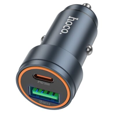 Pilkas automobilinis įkroviklis Hoco Z57A 30W su USB-C ir USB-A jungtimis