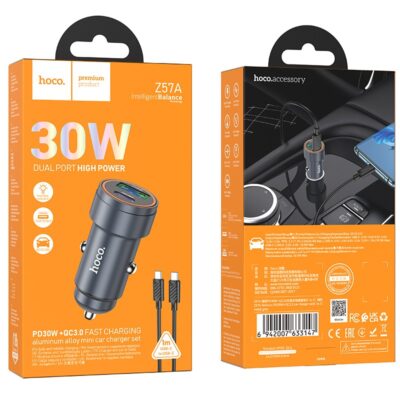 Pilkas automobilinis įkroviklis Hoco Z57A 30W USB-C / USB-A su USB-C į USB-C laidu 1m