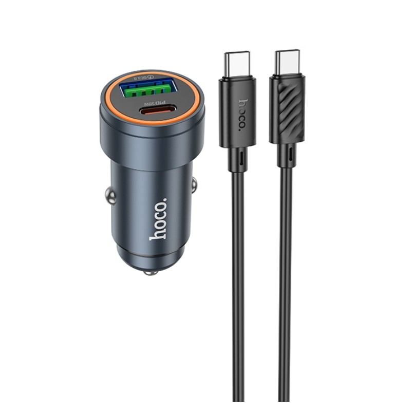 Pilkas automobilinis įkroviklis Hoco Z57A 30W Pilkas automobilinis įkroviklis Hoco Z57A 30W USB-C ir USB-A lizdais su USB-C kabeliu 1.0m