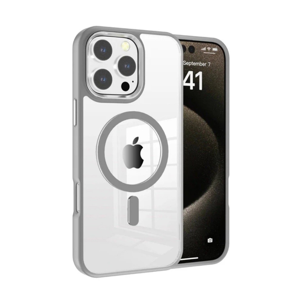 Pilkas dėklas Apple Iphone 15 Pro Premium Mag Cover Pilkas dėklas Apple Iphone 15 Pro Premium Mag Cover su apvalia apsauga kamerai ir aiškiu viduriu